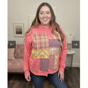 Easel Los Angeles Patchwork Hoodie Coral Pink Multicolor Plaid Floral ‎ Size M